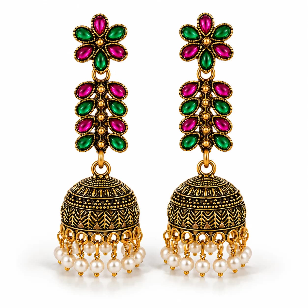 Emerald & Ruby Floral Jhumki Fashion Earrings