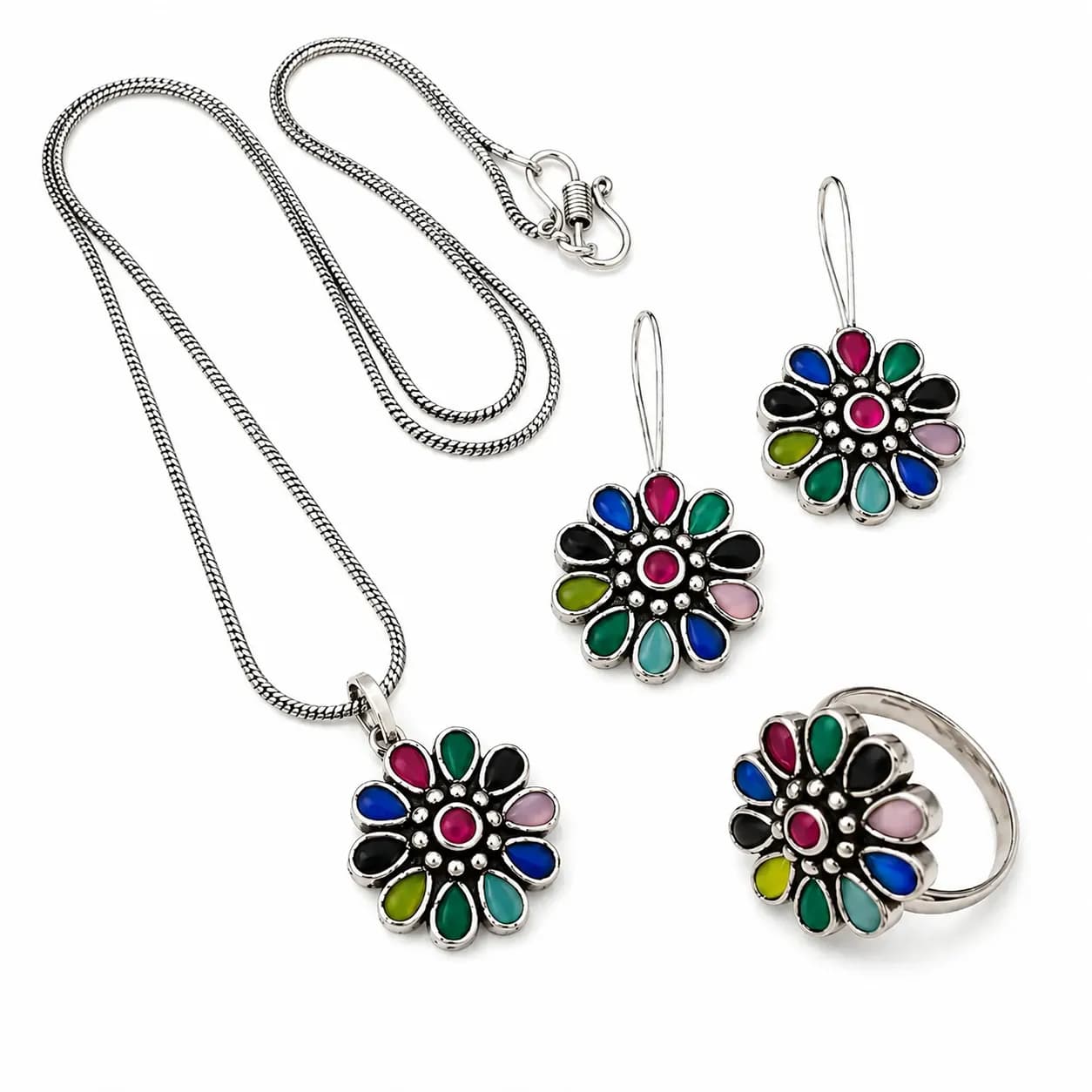 Handcrafted Oxidised Floral Pendant Neckalce with Earrings and Ring