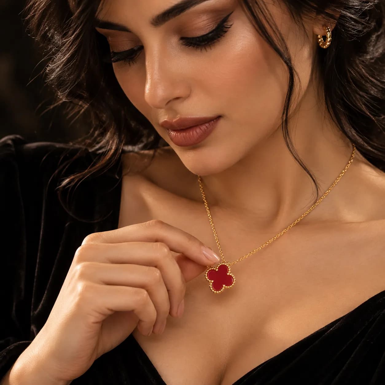 Niyanara Stainless Steel Gold Plated Maroon Clover Pendant Necklace for Women