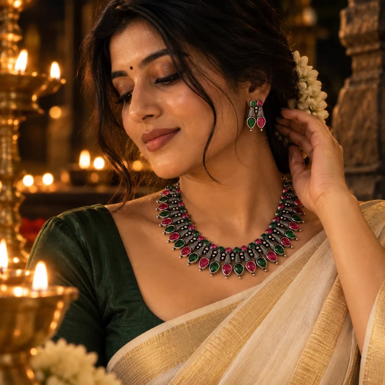 Niyanara Oxidised Silver Stone Choker Set for Women