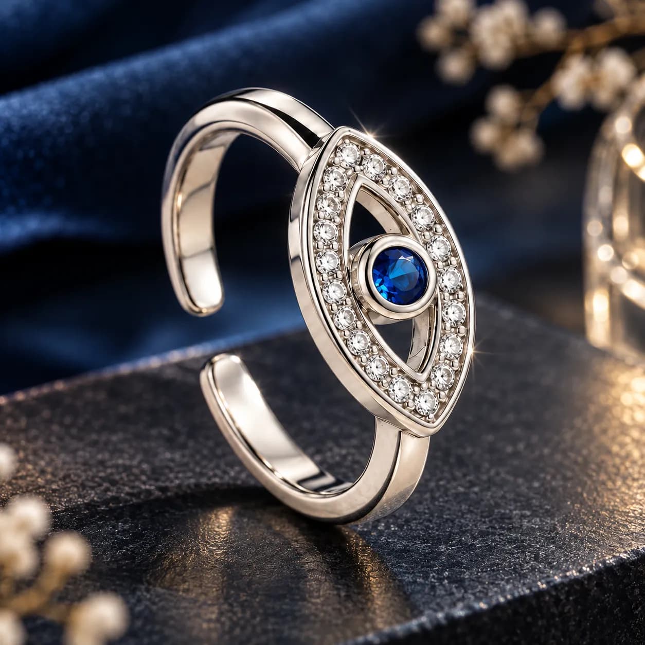 Stainless Steel Silver Plated Contemporary Evil Eye Adjustable Ring