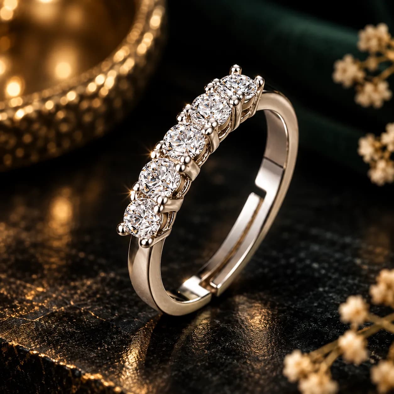 Stainless Steel Silver Plated American Diamond Round Cut Adjustable Ring