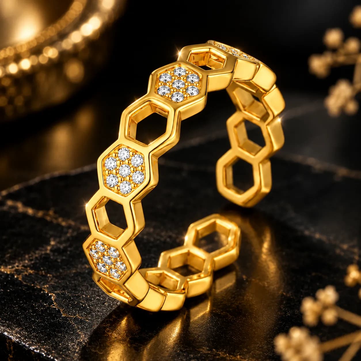 Stainless Steel Gold-Plated Hexagonal Adjustable Ring