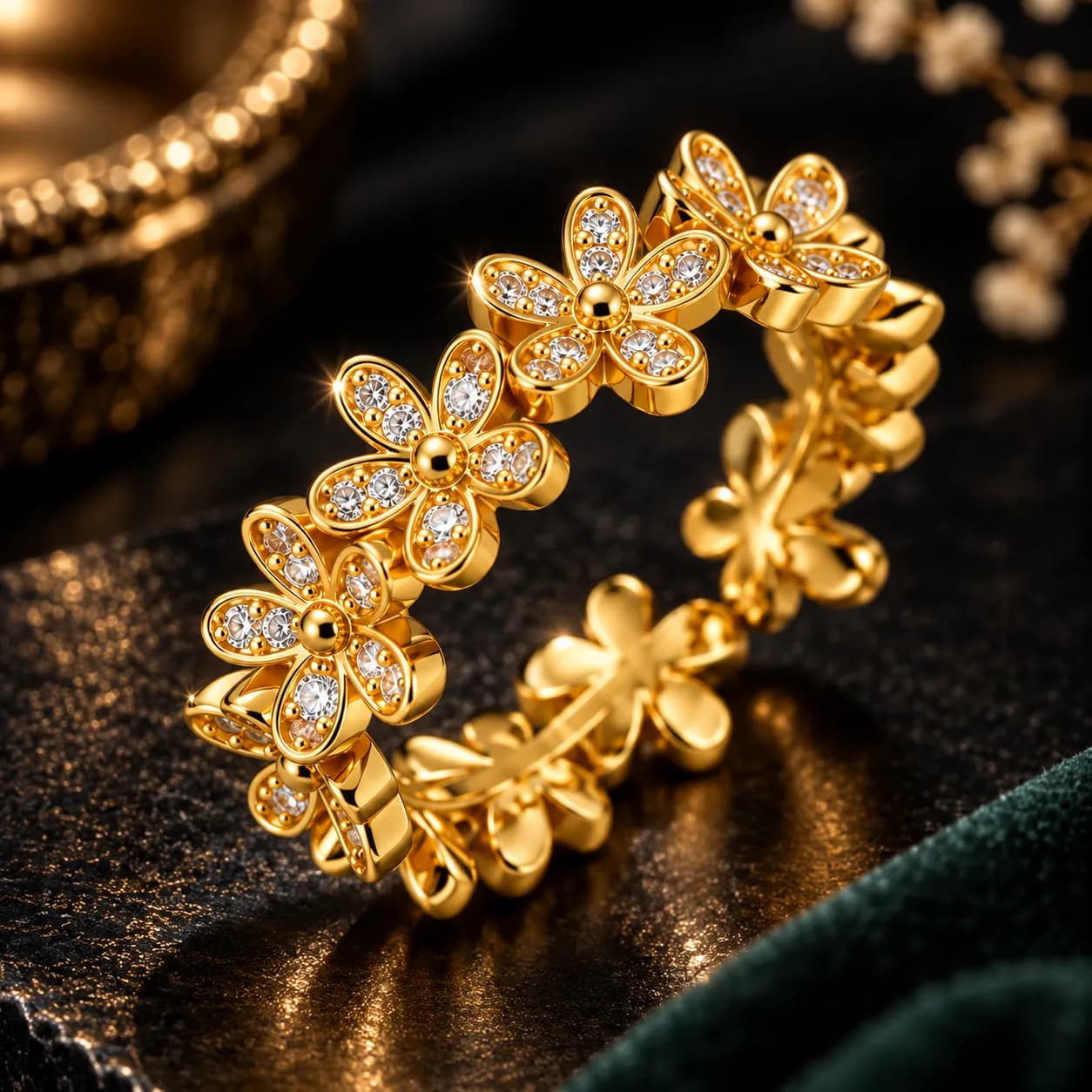 Stainless Steel Gold Plated Floral Themed Adjustable Ring