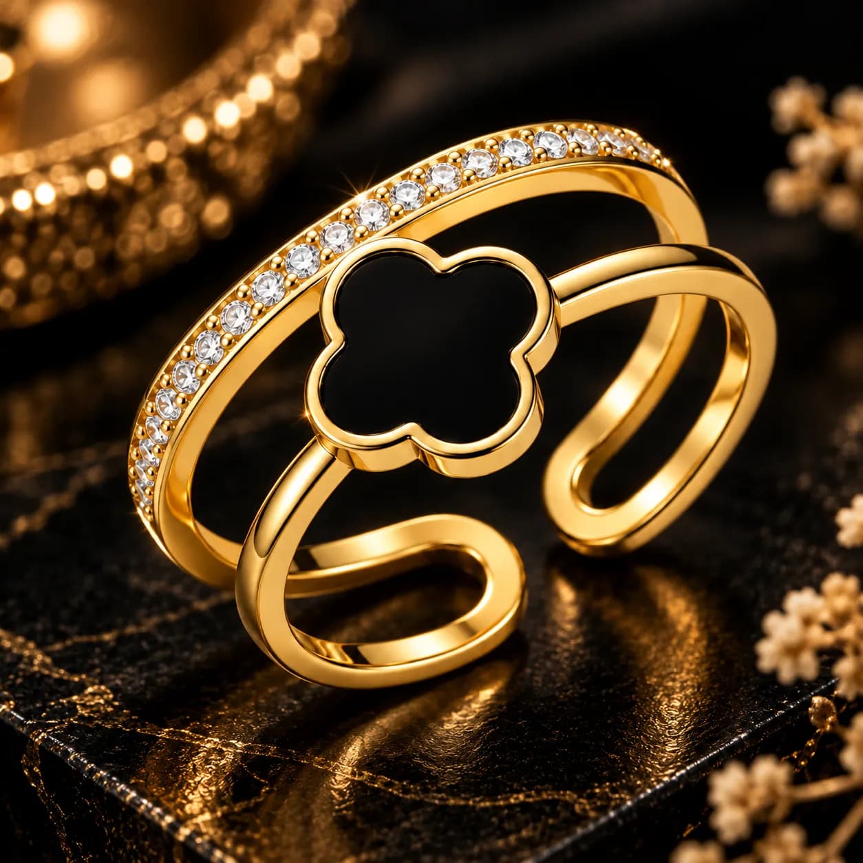 Stainless Steel Gold Plated Clover Themed Adjustable Ring