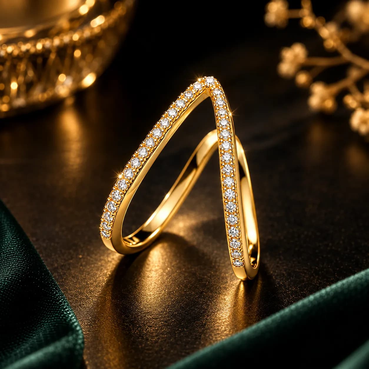 Stainless Steel Gold-Plated V-Shaped CZ Studded Adjustable Ring