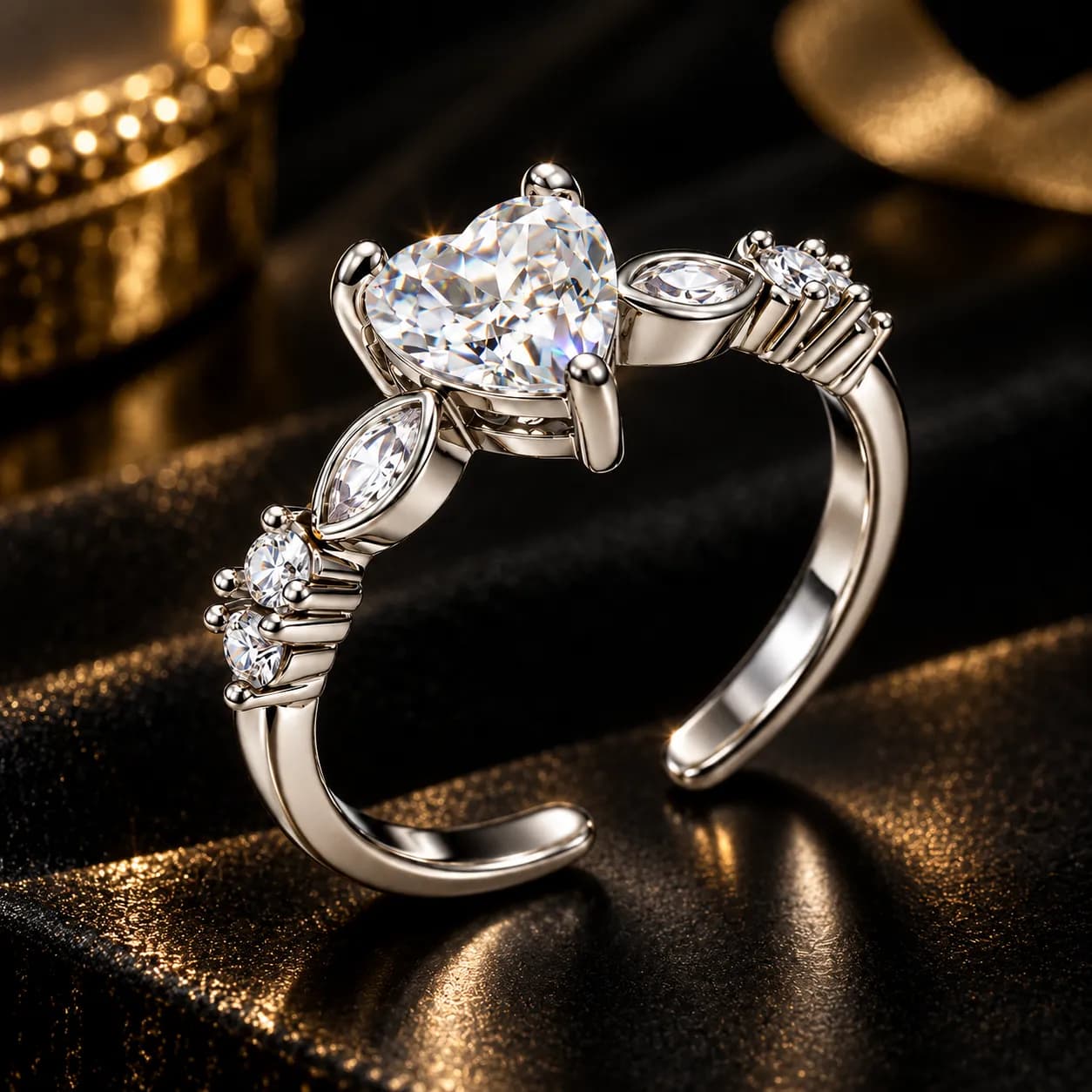 Stainless Steel Silver Plated Anti-Tarnish Heart Adjustable Ring