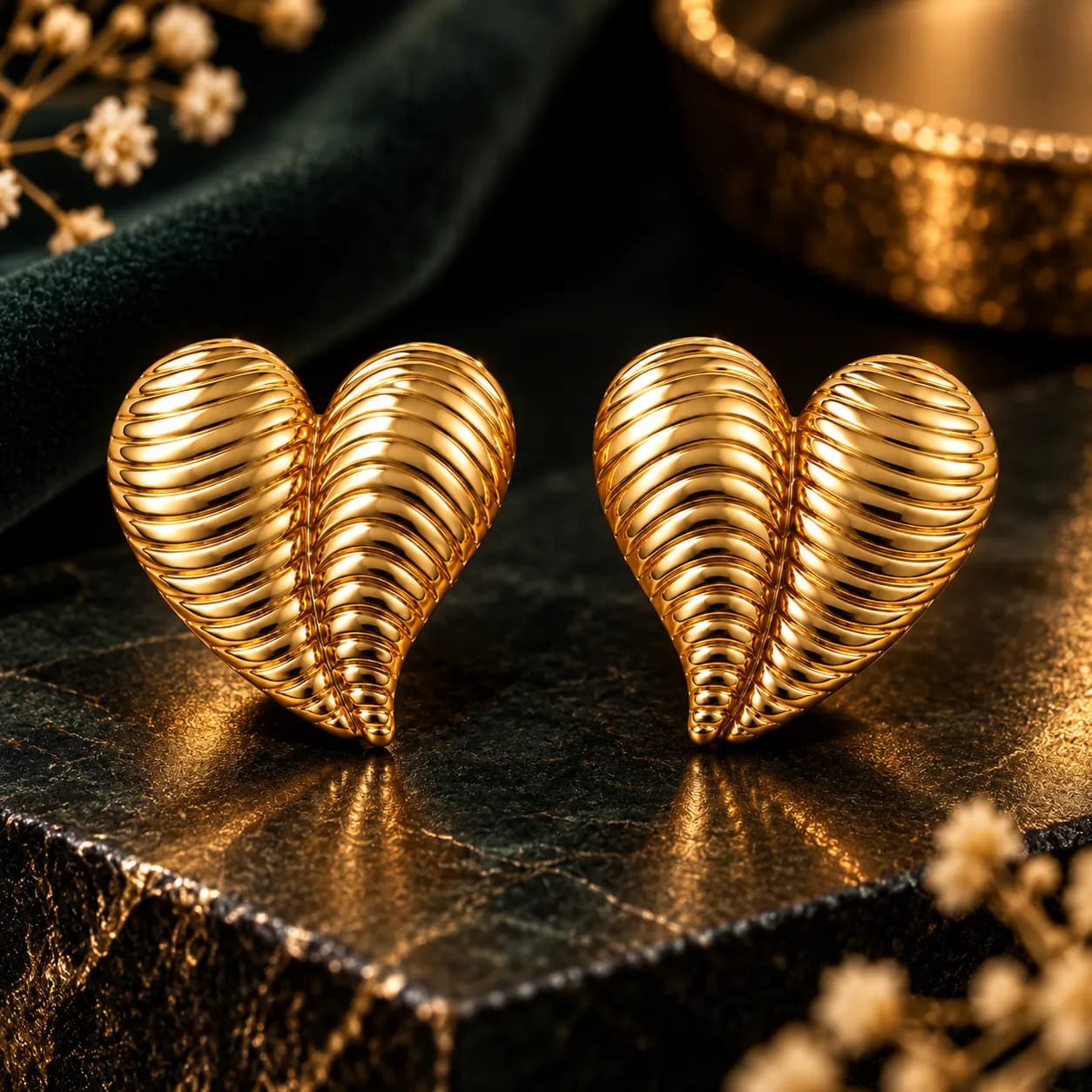 Stainless Steel Gold plated Ripple Heart Stud Earring