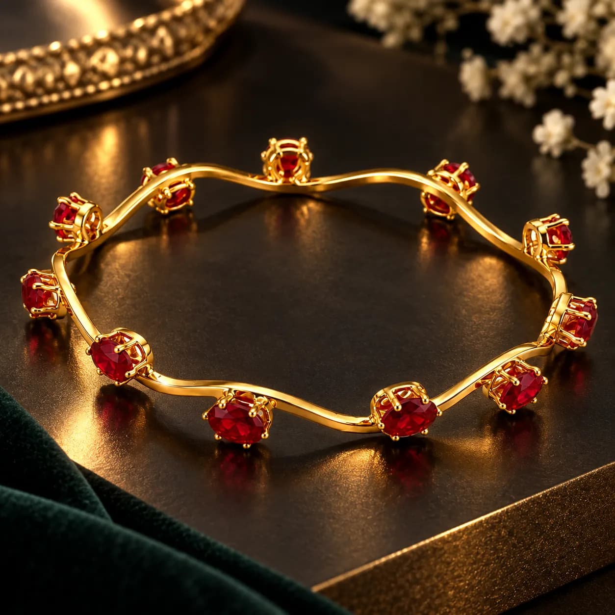 Gold-Plated Ruby Wave Bangle