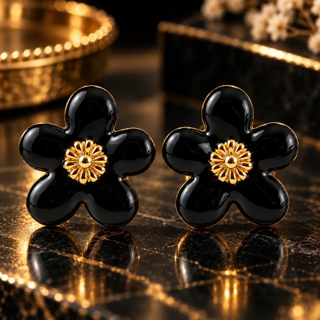 Stainless Steel Gold plated Midnight Bloom Stud Earrings