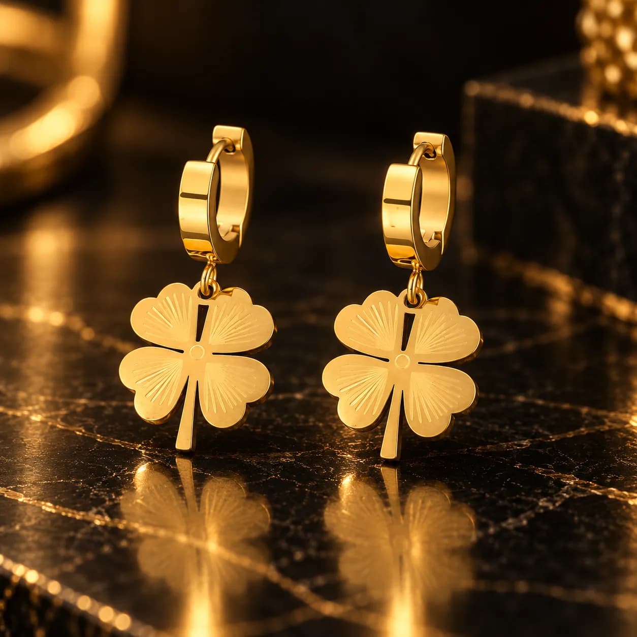 304 Stainless Steel Gold plated Clover Themed Drop Earring