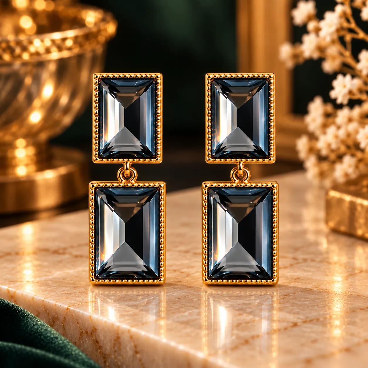 Gold Plated Charcoal Statement Earrings