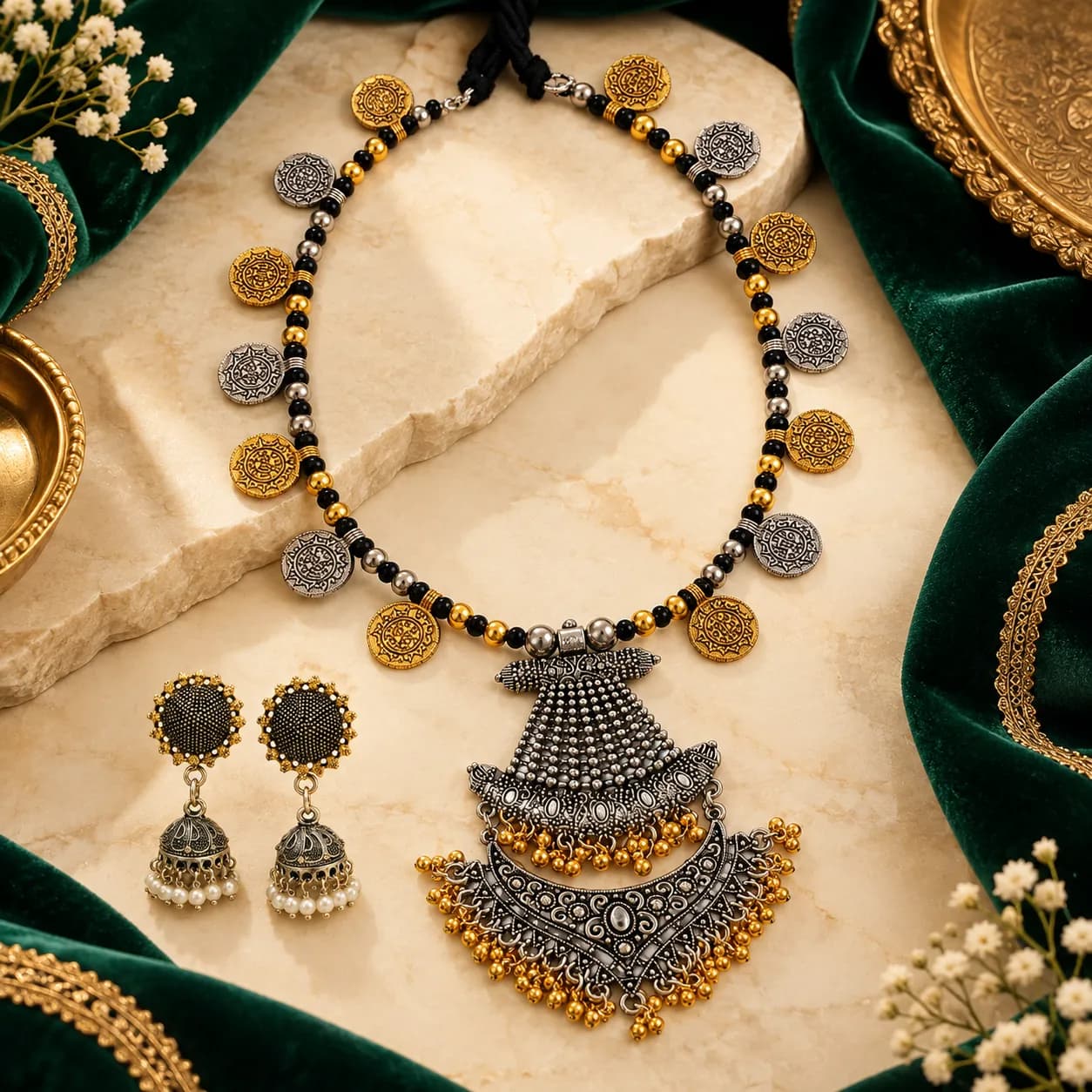 Niyanara Oxidised Two Tone Necklace with Jhumki earrings for Women