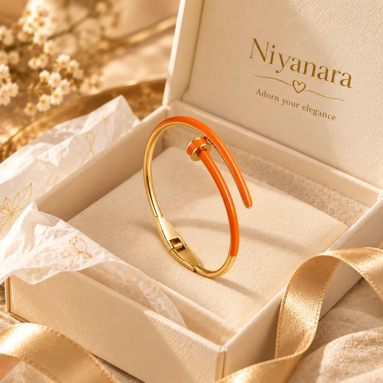 316L Stainless Steel 18KT Gold-Tone Orange Enamel Open Cuff Bracelet
