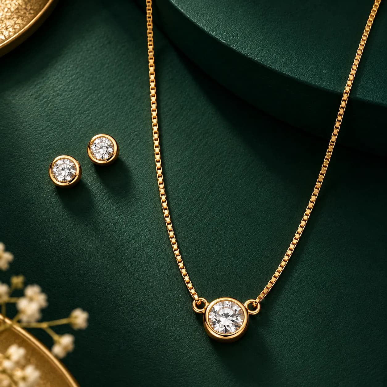 18K Gold-Plated Brass Zircon Solitaire Necklace & Stud Earrings Set