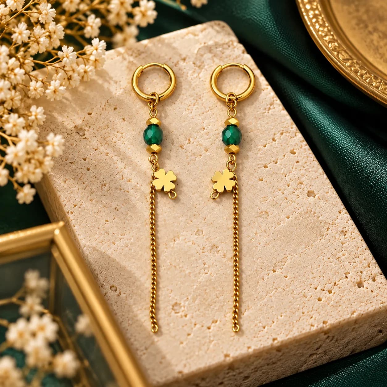 316L Stainless Steel 18KT Gold-Tone Long Drop Earrings – Emerald Clover