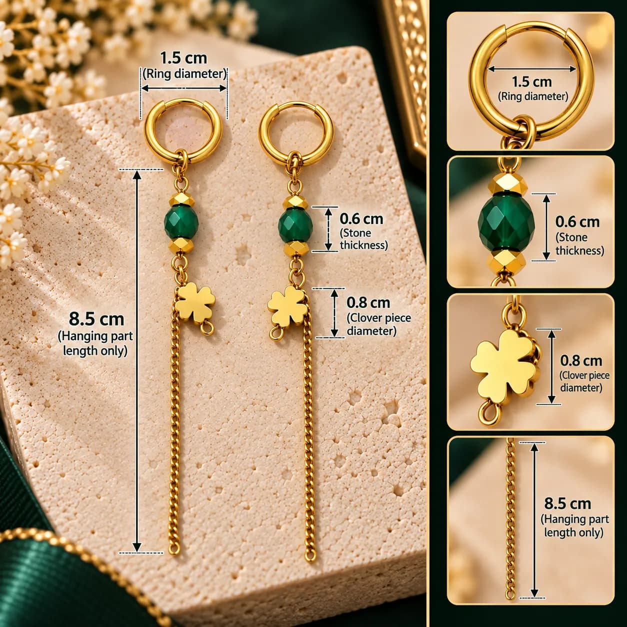 316L Stainless Steel 18KT Gold-Tone Long Drop Earrings – Emerald Clover