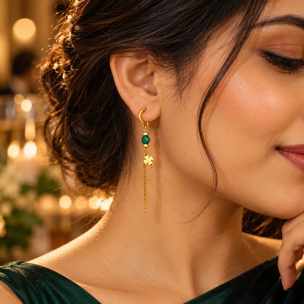 316L Stainless Steel 18KT Gold-Tone Long Drop Earrings – Emerald Clover