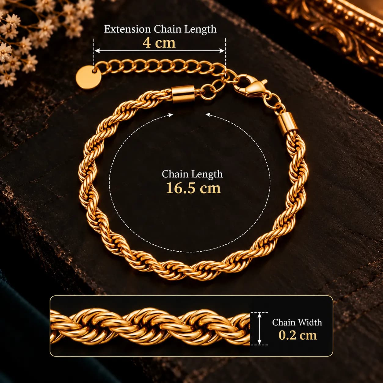 304 Stainless Steel 18KT Gold-Tone Rope Chain Bracelet