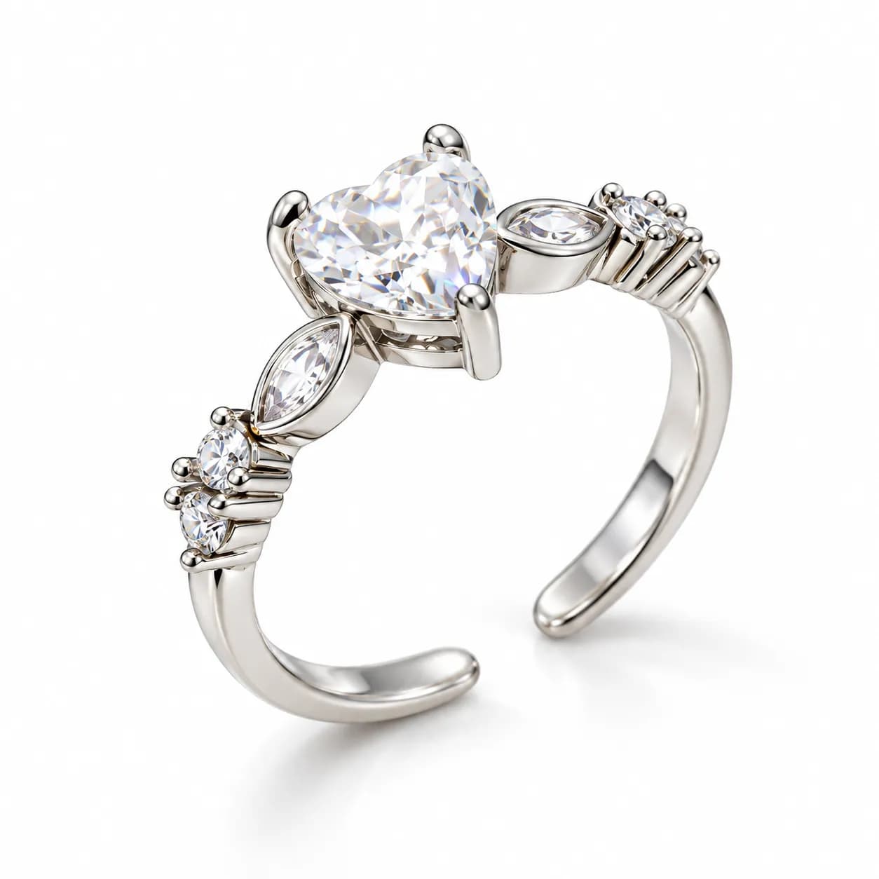 Stainless Steel Silver Plated Anti-Tarnish Heart Adjustable Ring