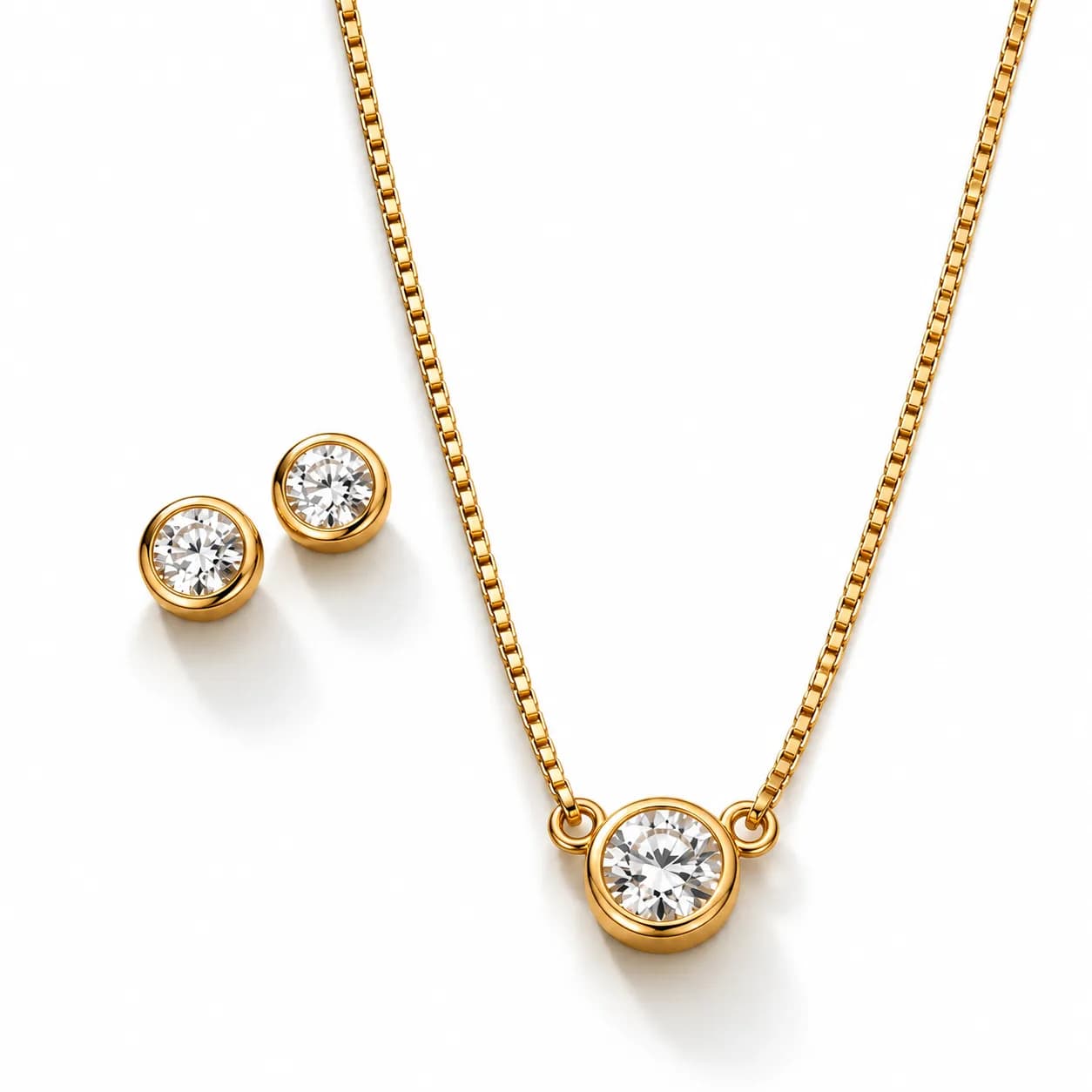 Brass 18K Gold-Plated Zircon Solitaire Necklace & Stud Earrings Set